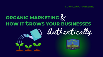 headline of authentic organic growth with watering can and sprouting plants.